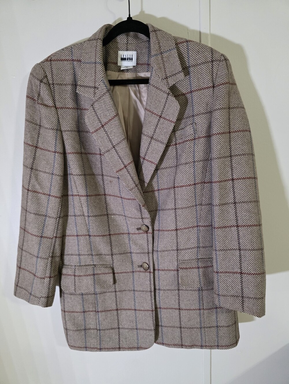 Leslie Fay Tan Plaid Blazer with Red & Blue Windowpane